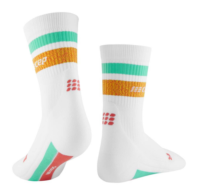 Damskie skarpety kompresyjne sportowe CEP Miami Vibes 80's krótkie białe z pomarańczowo-miętowymi paskami - limitowana edycja