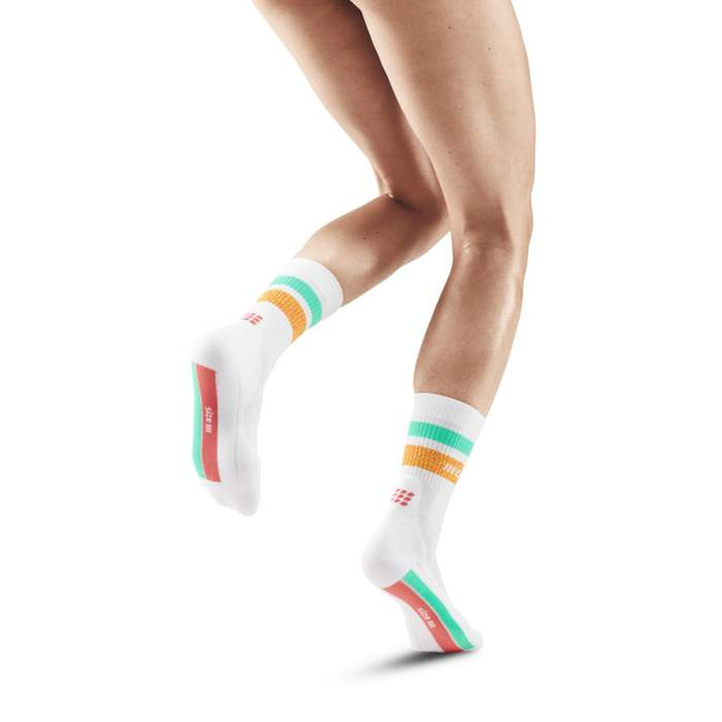 Damskie skarpety kompresyjne sportowe CEP Miami Vibes 80's krótkie białe z pomarańczowo-miętowymi paskami - limitowana edycja