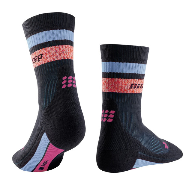 Damskie skarpety kompresyjne sportowe CEP Miami Vibes 80's krótkie czarne z niebiesko-czerwonymi paskami - limitowana edycja