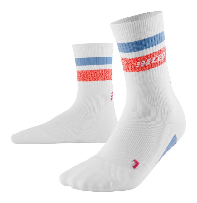 Damskie skarpety kompresyjne sportowe CEP Miami Vibes 80's krótkie białe z niebiesko-czerwonymi paskami - limitowana edycja