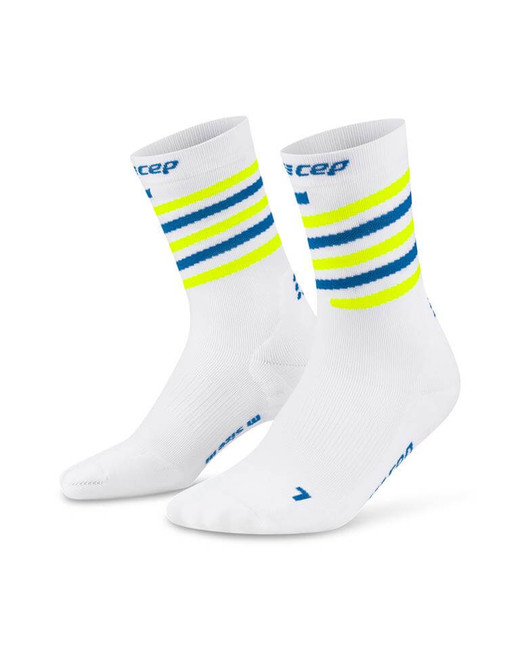 Damskie skarpety kompresyjne krótkie CEP The Spiral Run Limited 2024 białe w niebiesko-żółte paski