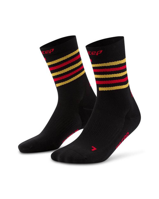 Damskie skarpety kompresyjne krótkie CEP The Spiral Run Limited 2024 czarne w żółto-czerwone paski