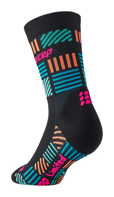 Damskie skarpety kompresyjne sportowe CEP The Run Limited 2024.2 krótkie czarne z wielokolorowymi paskami