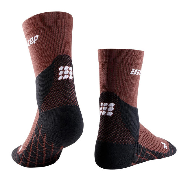 Męskie skarpety kompresyjne trekkingowe CEP z wełną Hiking Light Merino krótkie brązowe