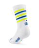 Damskie skarpety kompresyjne krótkie CEP The Spiral Run Limited 2024 białe w niebiesko-żółte paski