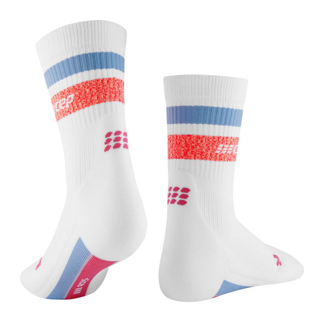 Męskie skarpety kompresyjne sportowe CEP Miami Vibes 80's krótkie z czerwono-niebieskimi paskami - limitowana edycja