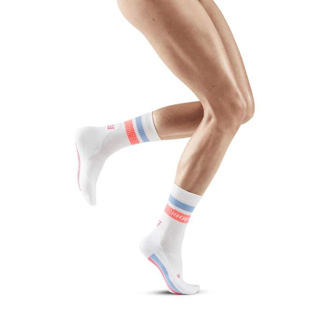 Damskie skarpety kompresyjne sportowe CEP Miami Vibes 80's krótkie białe z niebiesko-czerwonymi paskami - limitowana edycja