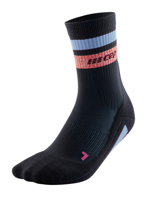 Damskie skarpety kompresyjne sportowe CEP Miami Vibes 80's krótkie czarne z niebiesko-czerwonymi paskami - limitowana edycja