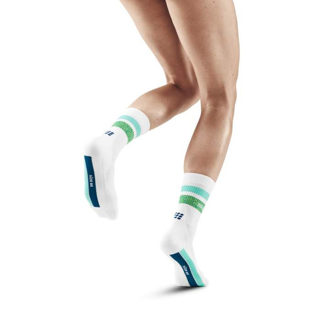 Damskie skarpety kompresyjne sportowe CEP Miami Vibes 80's krótkie białe z zielono-miętowymi paskami - limitowana edycja