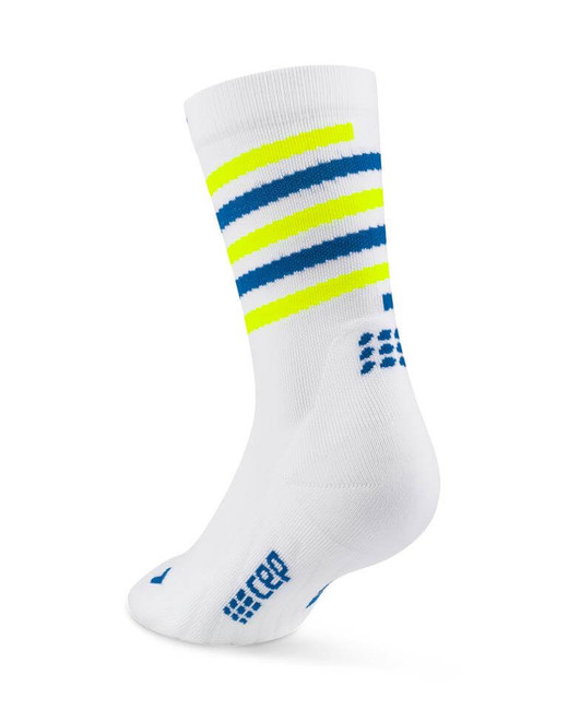 Damskie skarpety kompresyjne krótkie CEP The Spiral Run Limited 2024 białe w niebiesko-żółte paski